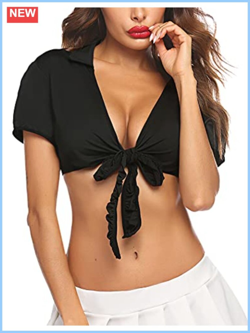 Avidlove Women's Tie Front Crop Top Deep V Neck Short Sleeve Shirt